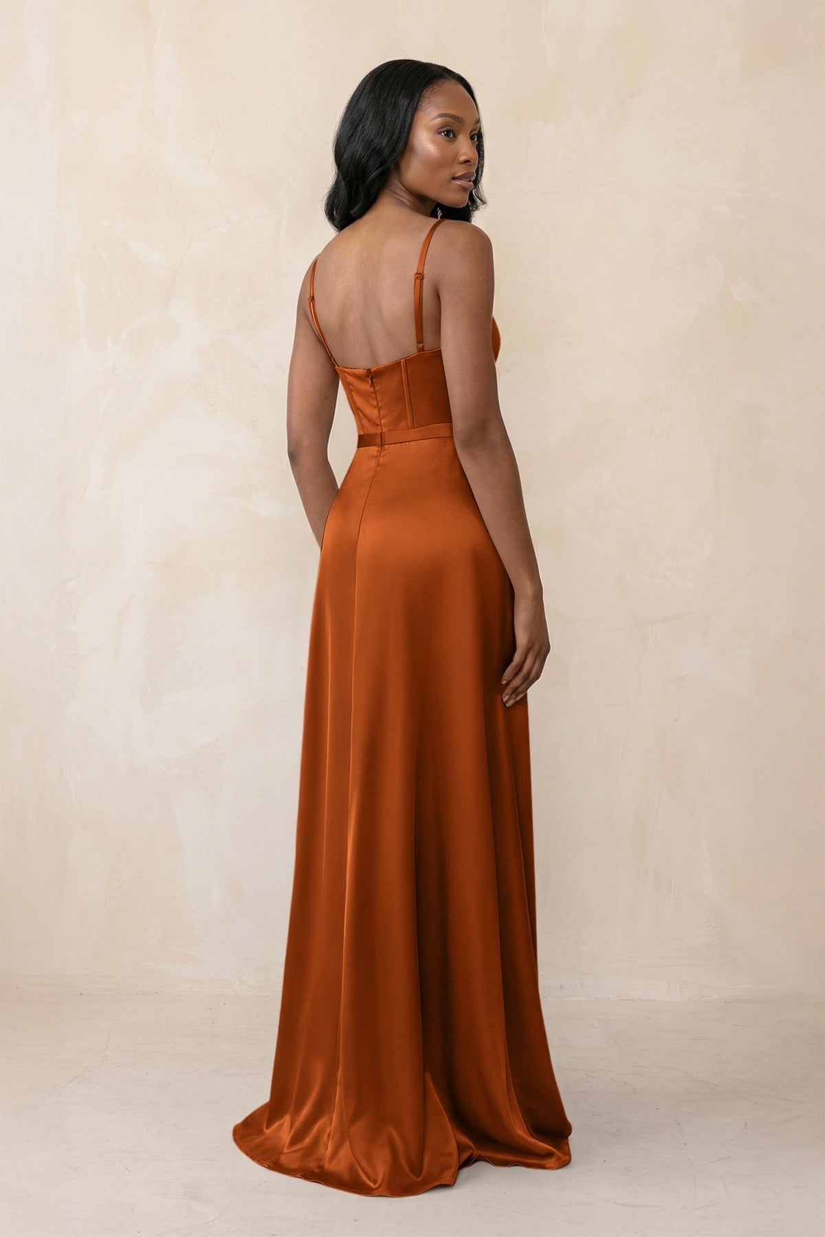 KissProm Cami Strap Corset Satin Sheath Bridesmaid Dress in Cinnamon, Cinnamon / 0