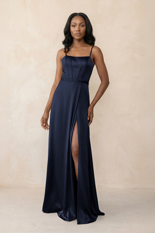 Cami Strap Corset Satin Sheath Bridesmaid Dress in Navy - KissProm Bridesmaid Dresses