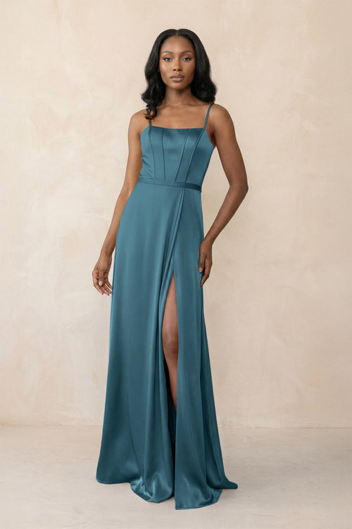 Cami Strap Corset Satin Sheath Bridesmaid Dress in Dark Teal - KissProm Bridesmaid Dresses