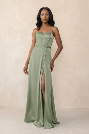 Cami Strap Corset Satin Sheath Bridesmaid Dress in Dove Gray - KissProm Bridesmaid Dresses