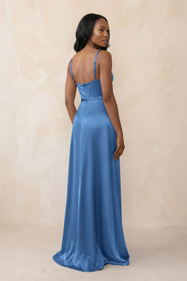 Cami Strap Corset Satin Sheath Bridesmaid Dress in Dusty Blue - KissProm Bridesmaid Dresses