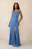 Cami Strap Corset Satin Sheath Bridesmaid Dress in Dusty Blue - KissProm Bridesmaid Dresses