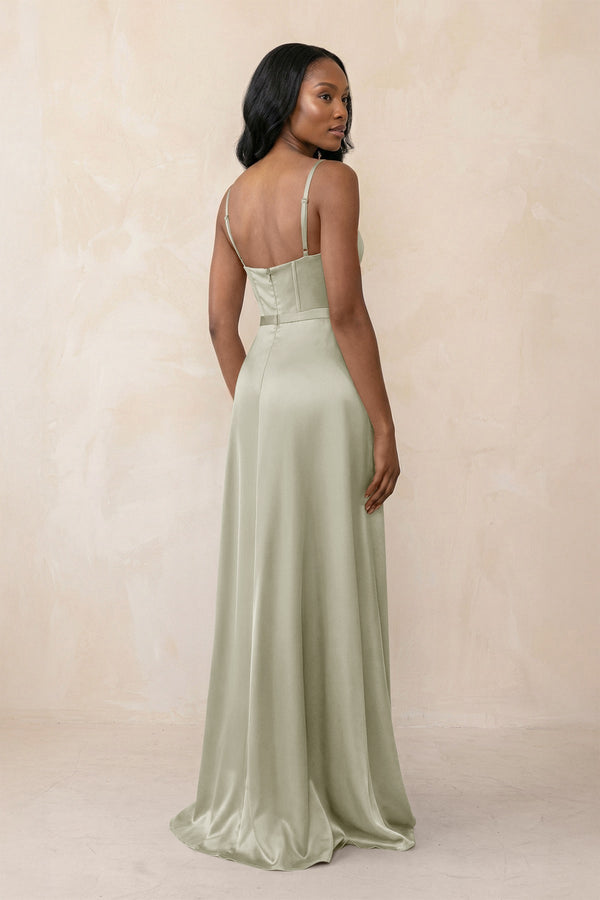 Cami Strap Corset Satin Sheath Bridesmaid Dress in Frost - KissProm Bridesmaid Dresses
