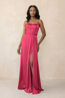 Cami Strap Corset Satin Sheath Bridesmaid Dress in Fuchsia - KissProm Bridesmaid Dresses
