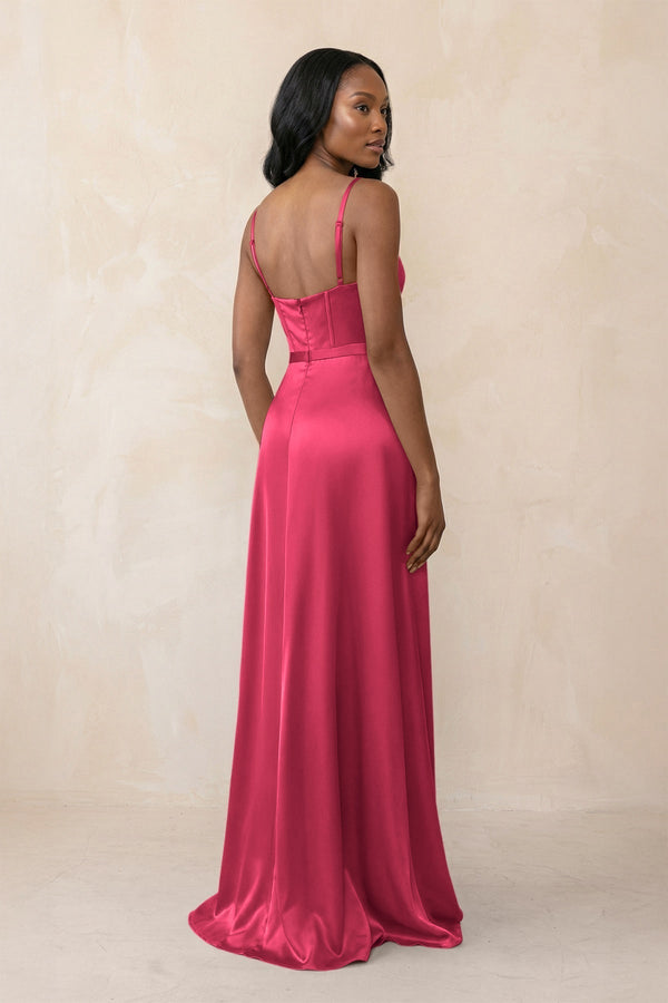 Cami Strap Corset Satin Sheath Bridesmaid Dress in Fuchsia - KissProm Bridesmaid Dresses