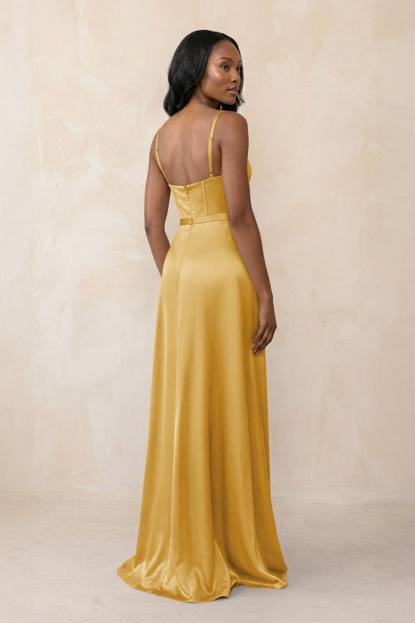 Cami Strap Corset Satin Sheath Bridesmaid Dress in Gold - KissProm Bridesmaid Dresses