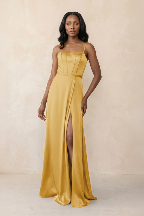 Cami Strap Corset Satin Sheath Bridesmaid Dress in Gold - KissProm Bridesmaid Dresses