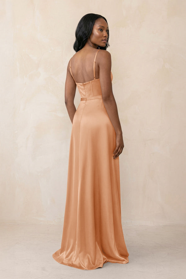 Cami Strap Corset Satin Sheath Bridesmaid Dress in Golden Champagne - KissProm Bridesmaid Dresses