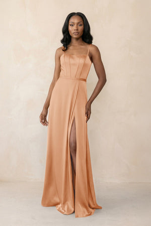 Cami Strap Corset Satin Sheath Bridesmaid Dress in Golden Champagne - KissProm Bridesmaid Dresses