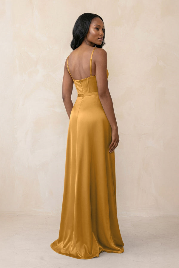 Cami Strap Corset Satin Sheath Bridesmaid Dress in Marigold - KissProm Bridesmaid Dresses