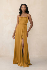 Cami Strap Corset Satin Sheath Bridesmaid Dress in Marigold - KissProm Bridesmaid Dresses