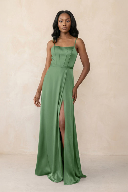 Cami Strap Corset Satin Sheath Bridesmaid Dress in Matcha - KissProm Bridesmaid Dresses