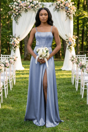 Cami Strap Corset Satin Sheath Bridesmaid Dress in Mist - KissProm Bridesmaid Dresses