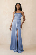 Cami Strap Corset Satin Sheath Bridesmaid Dress in Mist - KissProm Bridesmaid Dresses