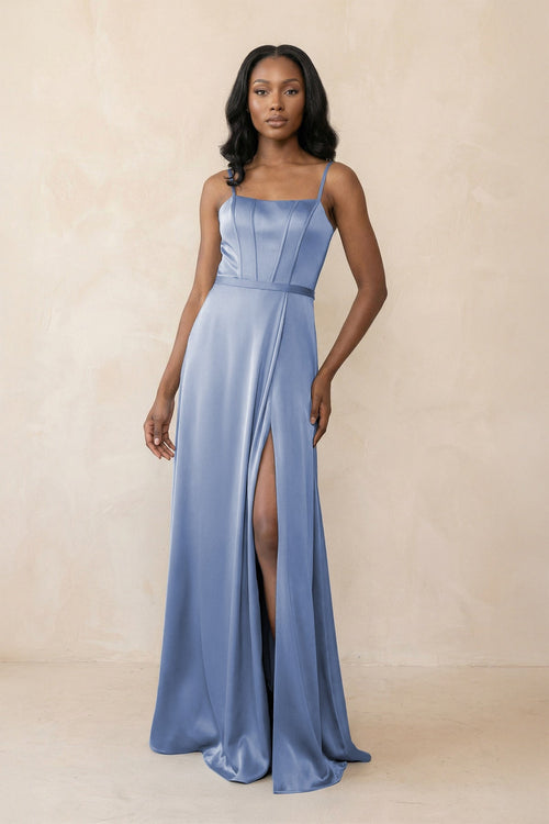 Cami Strap Corset Satin Sheath Bridesmaid Dress in Mist - KissProm Bridesmaid Dresses