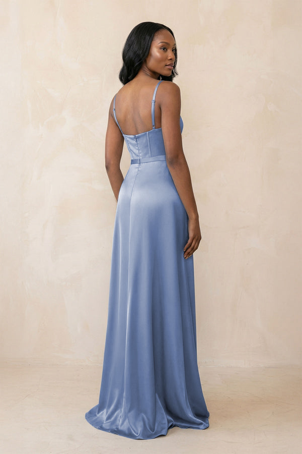 Cami Strap Corset Satin Sheath Bridesmaid Dress in Mist - KissProm Bridesmaid Dresses