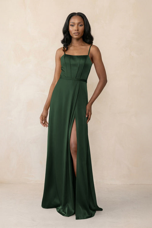 Cami Strap Corset Satin Sheath Bridesmaid Dress in Moss - KissProm Bridesmaid Dresses