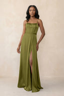 Cami Strap Corset Satin Sheath Bridesmaid Dress in Moss Green - KissProm Bridesmaid Dresses