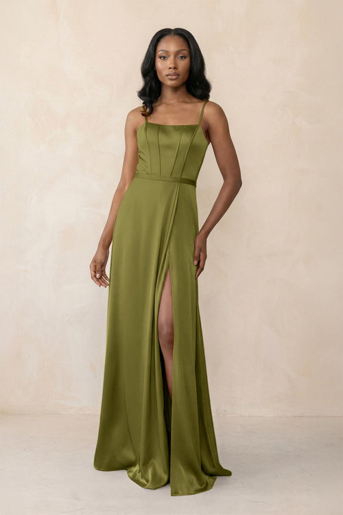 Cami Strap Corset Satin Sheath Bridesmaid Dress in Moss Green - KissProm Bridesmaid Dresses