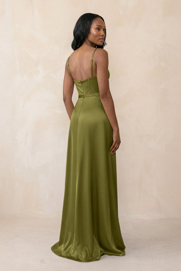 Cami Strap Corset Satin Sheath Bridesmaid Dress in Moss Green - KissProm Bridesmaid Dresses