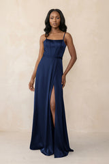 Cami Strap Corset Satin Sheath Bridesmaid Dress in Navy - KissProm Bridesmaid Dresses