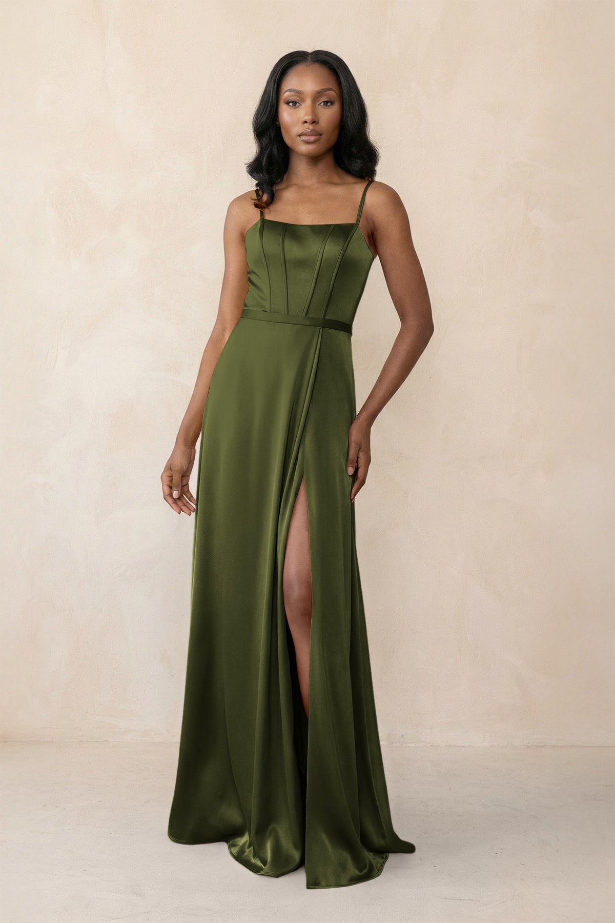KissProm Cami Strap Corset Satin Sheath Bridesmaid Dress in Olive, Olive / 4