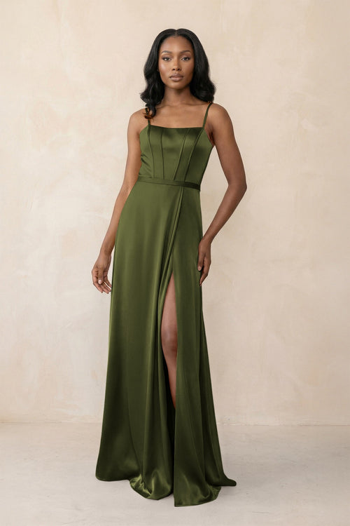 Cami Strap Corset Satin Sheath Bridesmaid Dress in Olive - KissProm Bridesmaid Dresses
