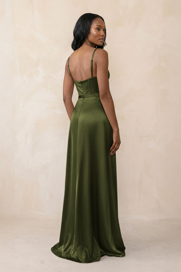 Cami Strap Corset Satin Sheath Bridesmaid Dress in Olive - KissProm Bridesmaid Dresses