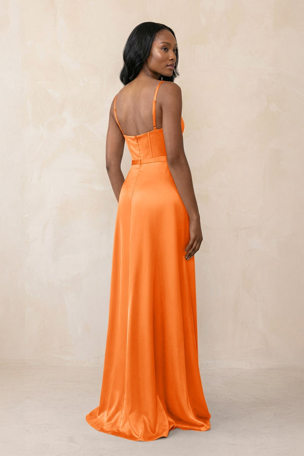 Cami Strap Corset Satin Sheath Bridesmaid Dress in Orange - KissProm Bridesmaid Dresses