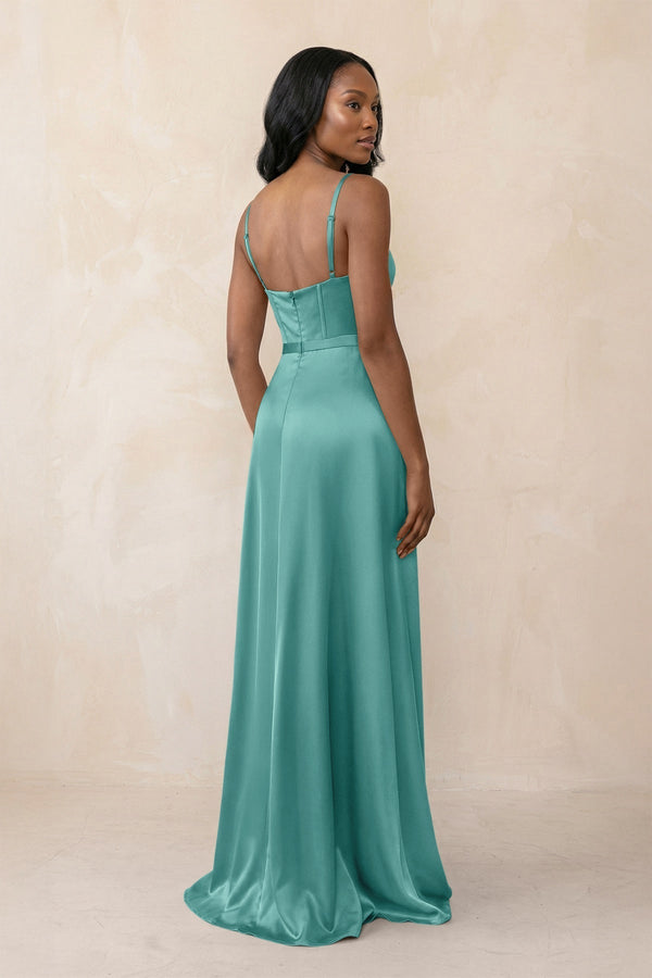 Cami Strap Corset Satin Sheath Bridesmaid Dress in Pale Pistachio - KissProm Bridesmaid Dresses