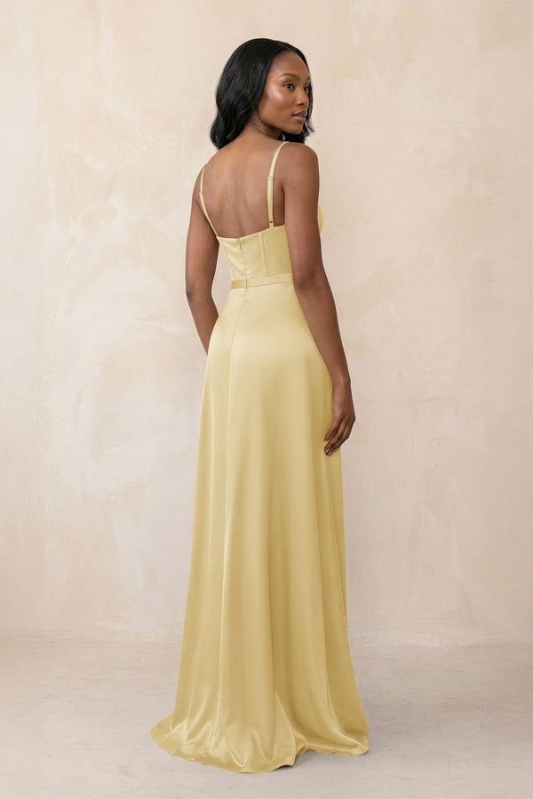 Cami Strap Corset Satin Sheath Bridesmaid Dress in Pastel Yellow - KissProm Bridesmaid Dresses