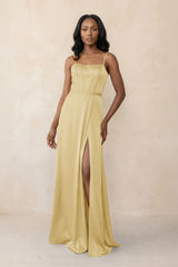 Cami Strap Corset Satin Sheath Bridesmaid Dress in Pastel Yellow - KissProm Bridesmaid Dresses
