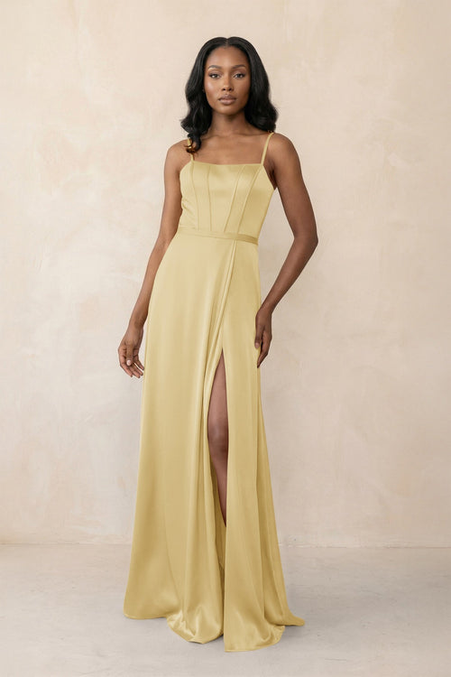 Cami Strap Corset Satin Sheath Bridesmaid Dress in Pastel Yellow - KissProm Bridesmaid Dresses