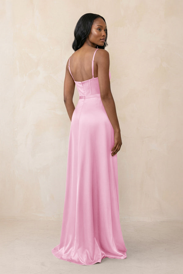 Cami Strap Corset Satin Sheath Bridesmaid Dress in Pink - KissProm Bridesmaid Dresses