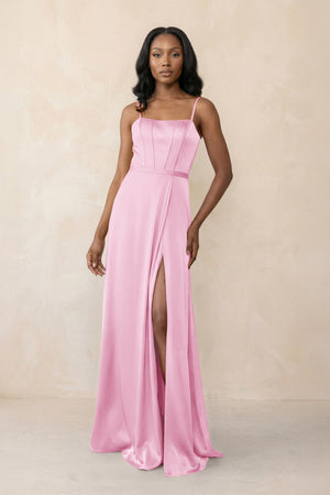 Cami Strap Corset Satin Sheath Bridesmaid Dress in Pink - KissProm Bridesmaid Dresses