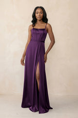 Cami Strap Corset Satin Sheath Bridesmaid Dress in Plum - KissProm Bridesmaid Dresses