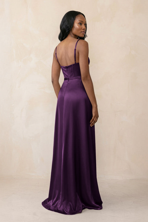 Cami Strap Corset Satin Sheath Bridesmaid Dress in Plum - KissProm Bridesmaid Dresses