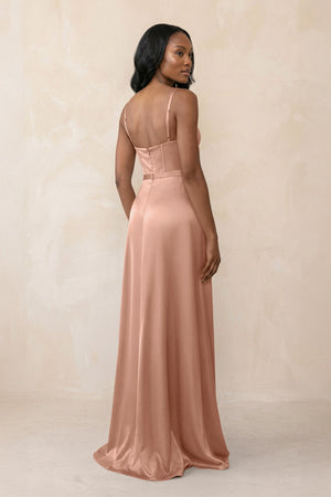 Cami Strap Corset Satin Sheath Bridesmaid Dress in Rosette - KissProm Bridesmaid Dresses