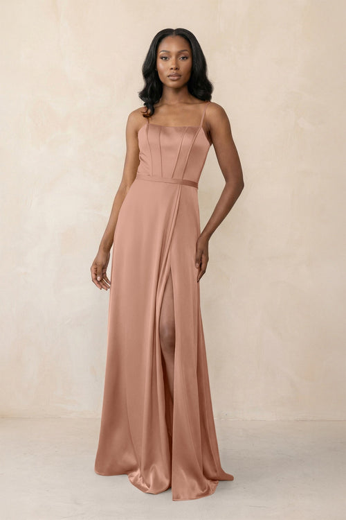 Cami Strap Corset Satin Sheath Bridesmaid Dress in Rosette - KissProm Bridesmaid Dresses
