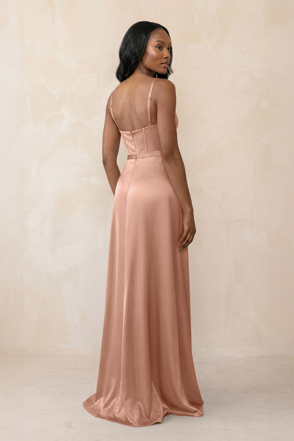 Cami Strap Corset Satin Sheath Bridesmaid Dress in Rosette - KissProm Bridesmaid Dresses