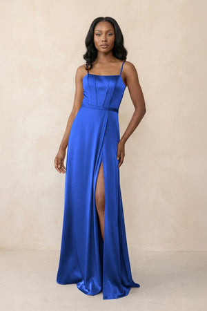 Cami Strap Corset Satin Sheath Bridesmaid Dress in Royal Blue - KissProm Bridesmaid Dresses