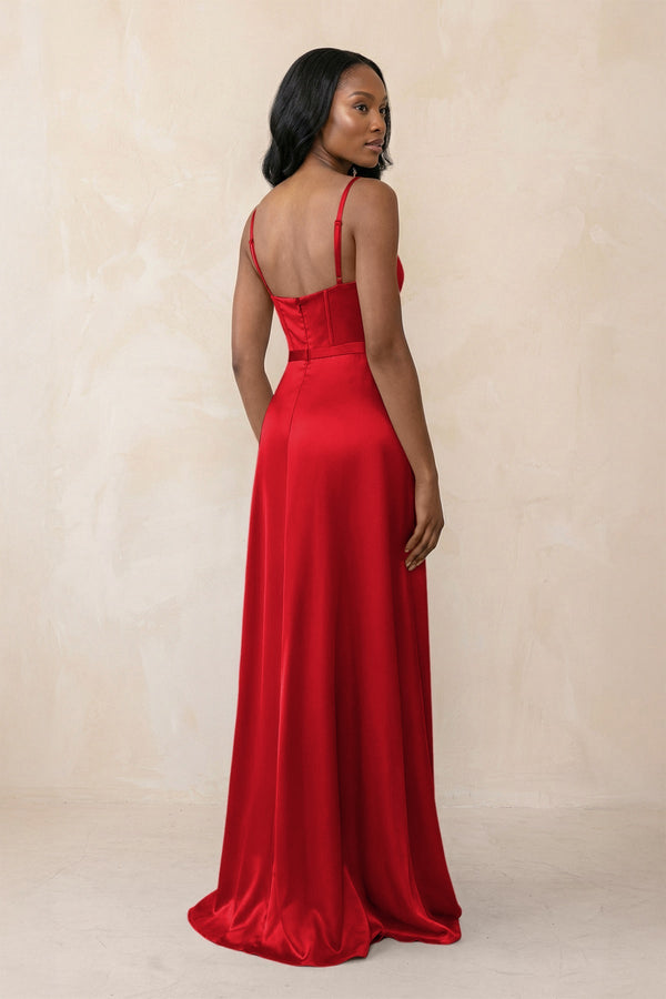 Cami Strap Corset Satin Sheath Bridesmaid Dress in Ruby Red - KissProm Bridesmaid Dresses