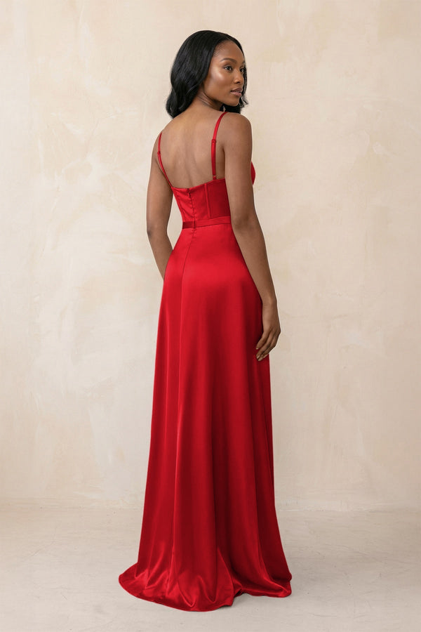 Cami Strap Corset Satin Sheath Bridesmaid Dress in Ruby Red - KissProm Bridesmaid Dresses