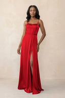 Cami Strap Corset Satin Sheath Bridesmaid Dress in Ruby Red - KissProm Bridesmaid Dresses