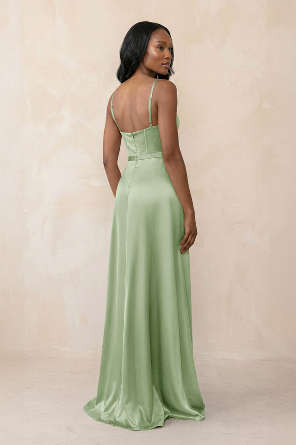 Cami Strap Corset Satin Sheath Bridesmaid Dress in Sage - KissProm Bridesmaid Dresses