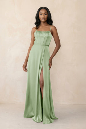 Cami Strap Corset Satin Sheath Bridesmaid Dress in Sage - KissProm Bridesmaid Dresses