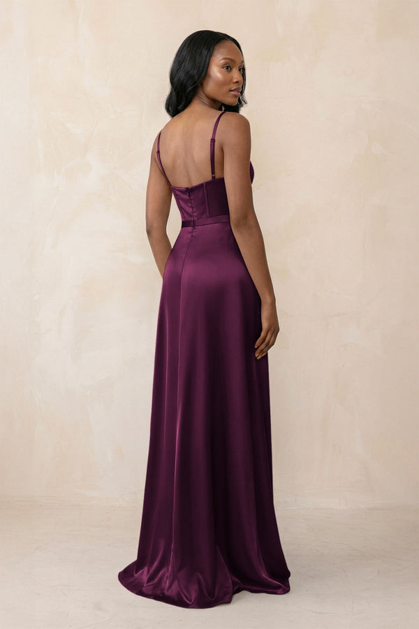 Cami Strap Corset Satin Sheath Bridesmaid Dress in Sangria - KissProm Bridesmaid Dresses