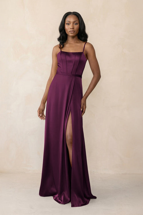 Cami Strap Corset Satin Sheath Bridesmaid Dress in Sangria - KissProm Bridesmaid Dresses