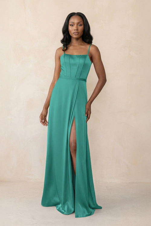 Cami Strap Corset Satin Sheath Bridesmaid Dress in Sea Glass - KissProm Bridesmaid Dresses