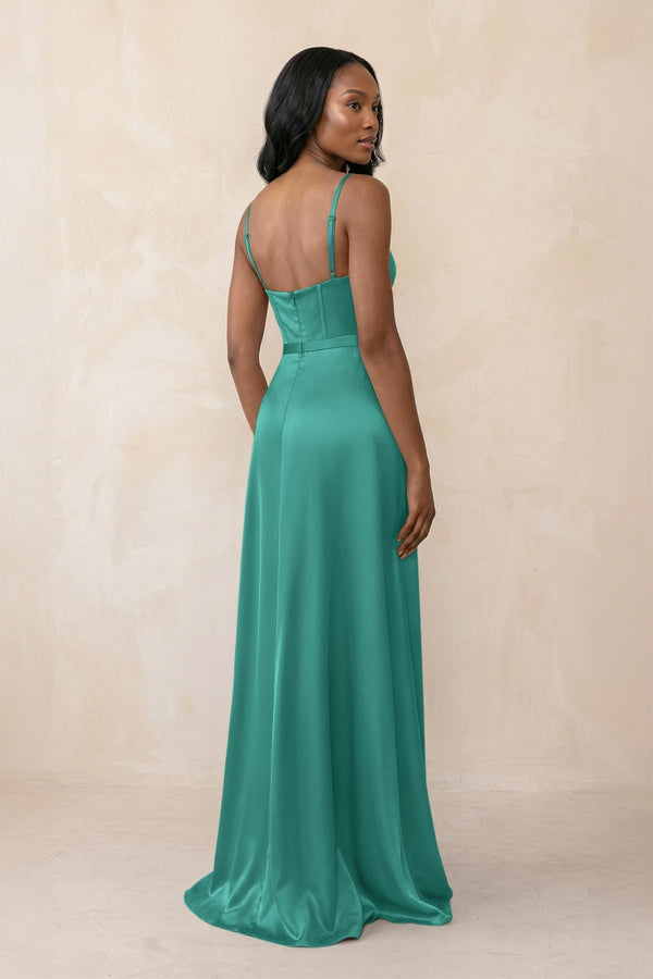Cami Strap Corset Satin Sheath Bridesmaid Dress in Sea Glass - KissProm Bridesmaid Dresses